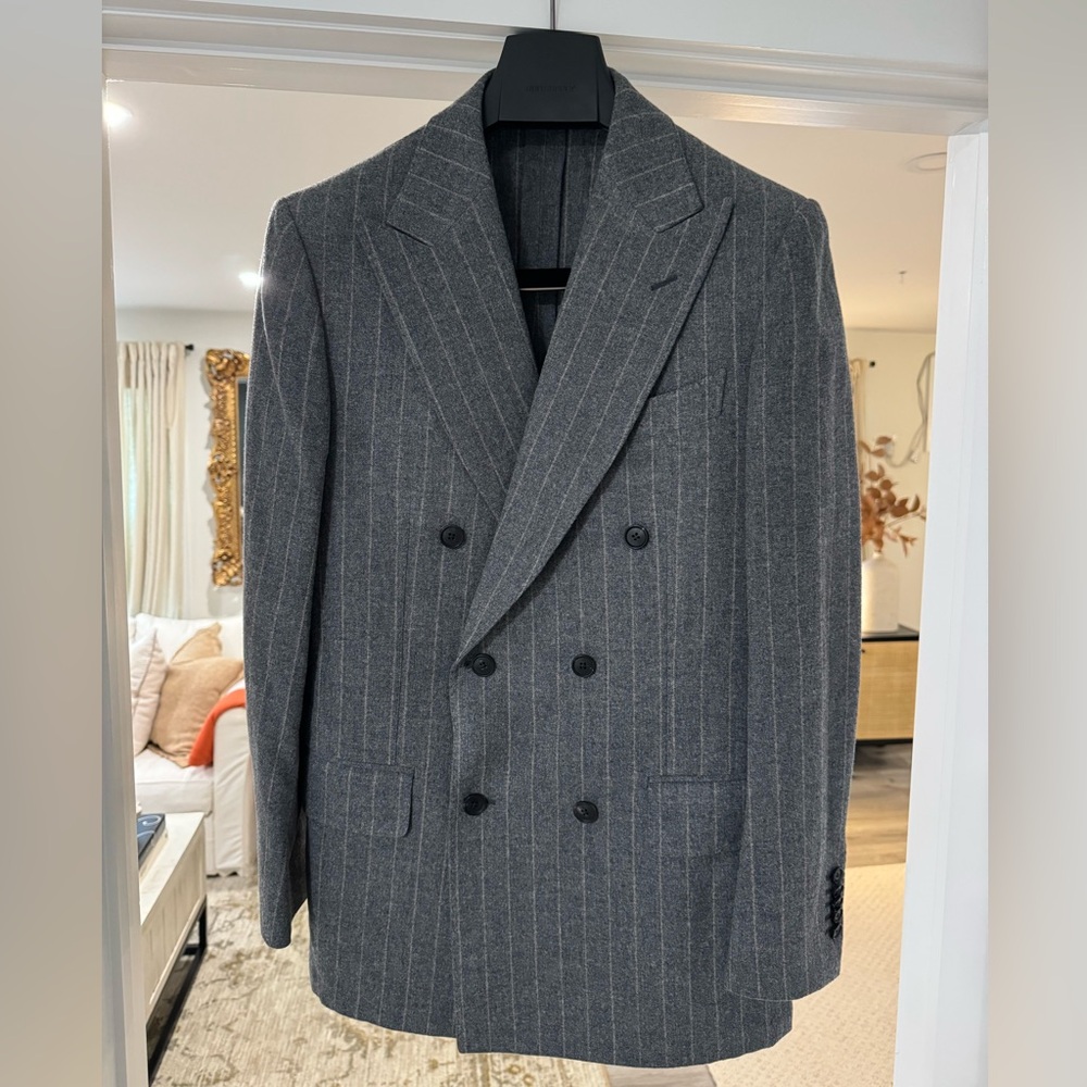 Dark grey striped tailored fit suit. Winter pure wool material. Made in Italy.